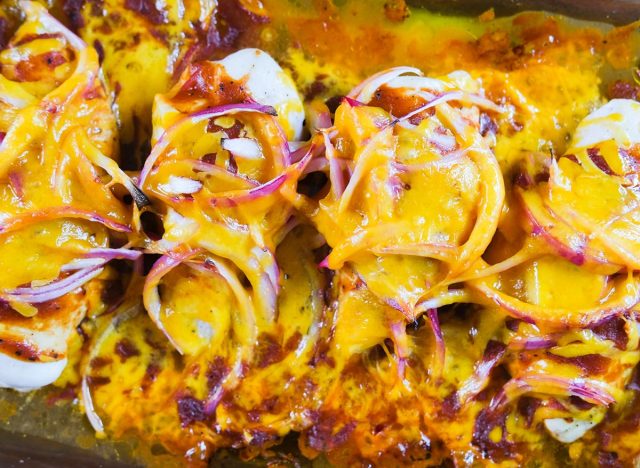 baked barbecue chicken with red onion and cheddar cheese