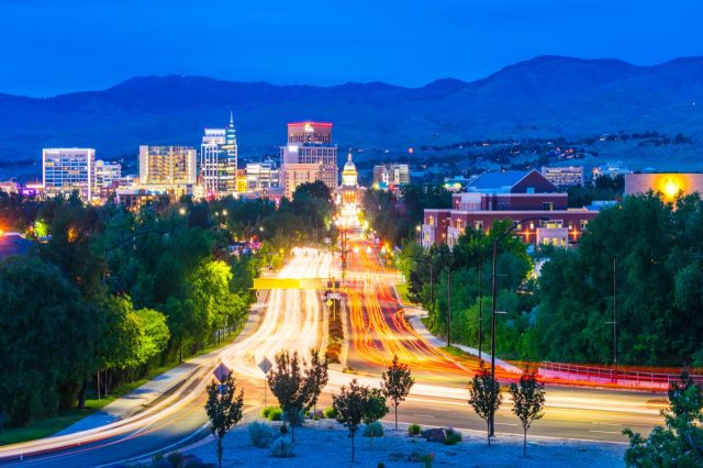 Boise cityscape at night with traffic light