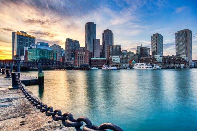 Boston Skyline with Financial District and Boston Harbor at Sunset, USA