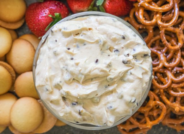 chocolate chip cookie dip with cookies and berries