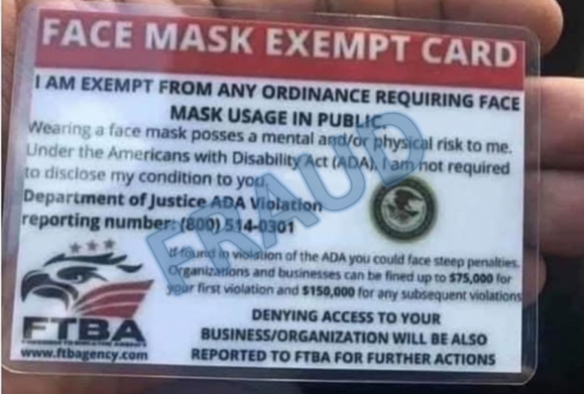 A fake face mask exempt card.