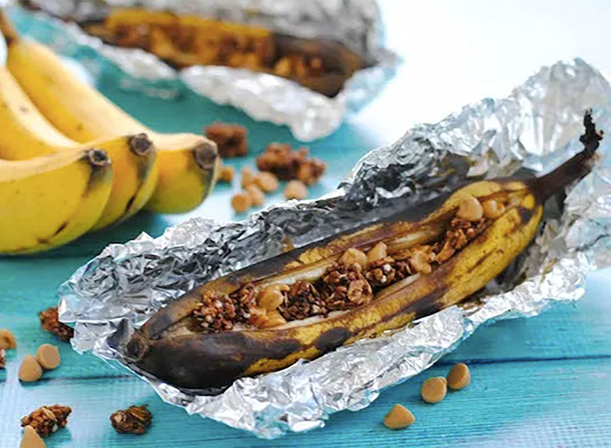 grilled banana boat with peanut butter chips and granola