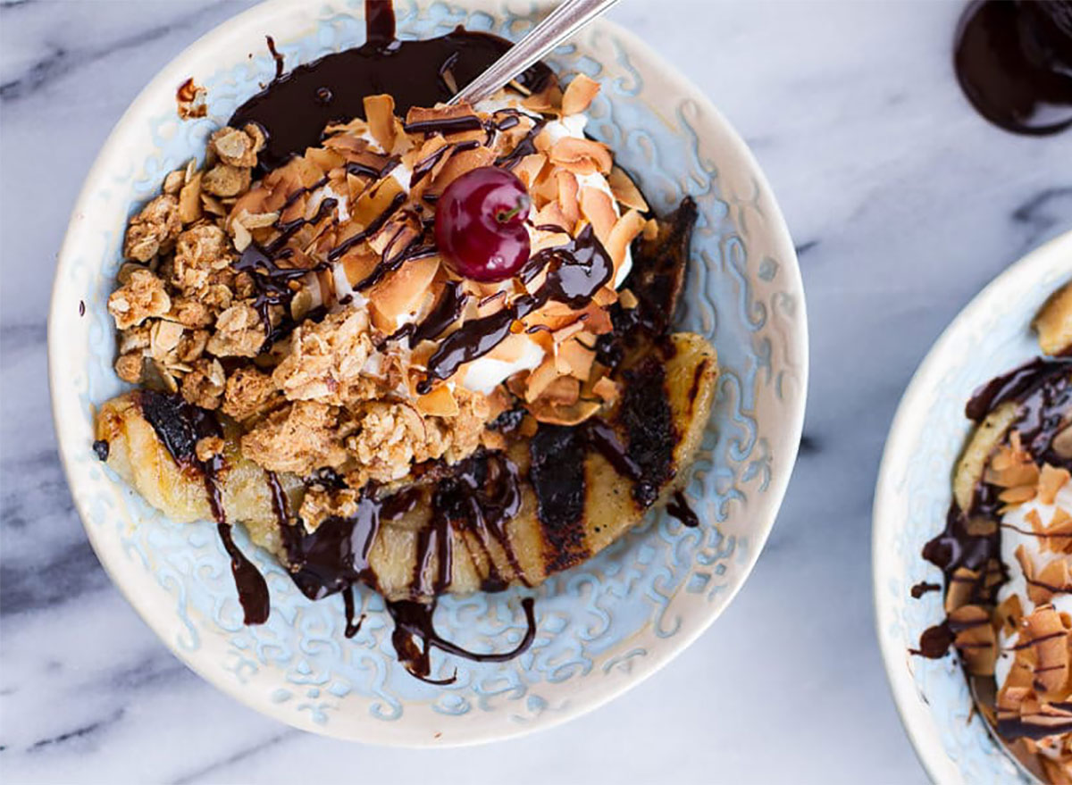 grilled banana coconut cream pie in bowl with mocha sauce