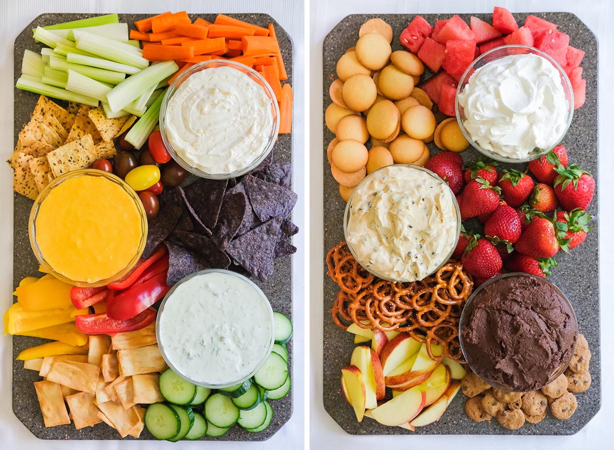 healthy dips on a board with snacks