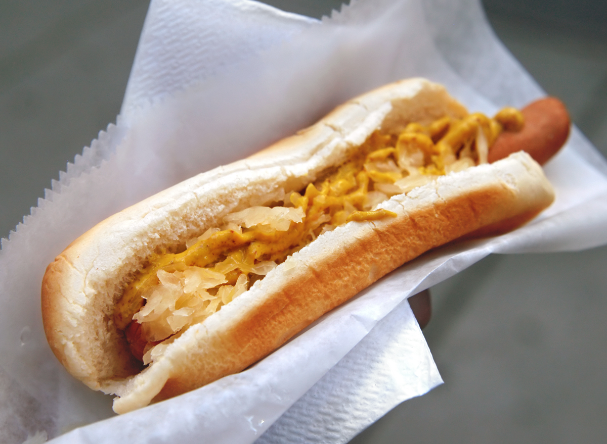 Hot dog with sauerkraut and mustard