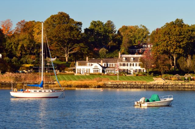A waterfront estate sits on the shores of Indian Harbor in Greenwich, Connecticut.