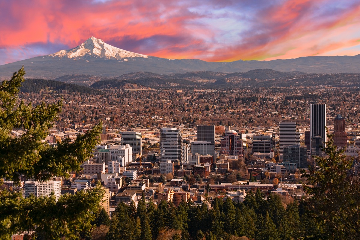 Sunrise View of Portland, Oregon from Pittock Mansion.