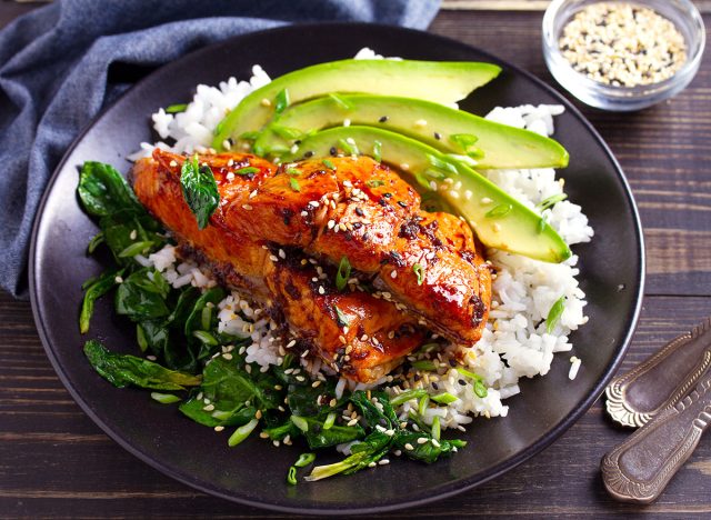 salmon rice bowl with avocado