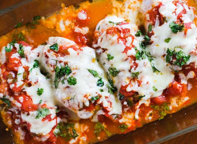 baked salsa chicken with cilantro in a casserole dish