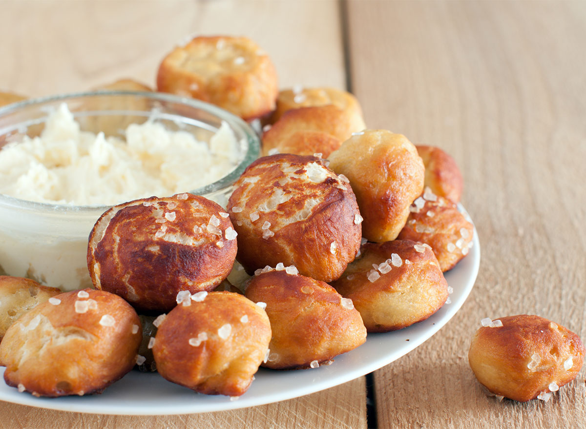 salted pretzel bites with cheddar dip