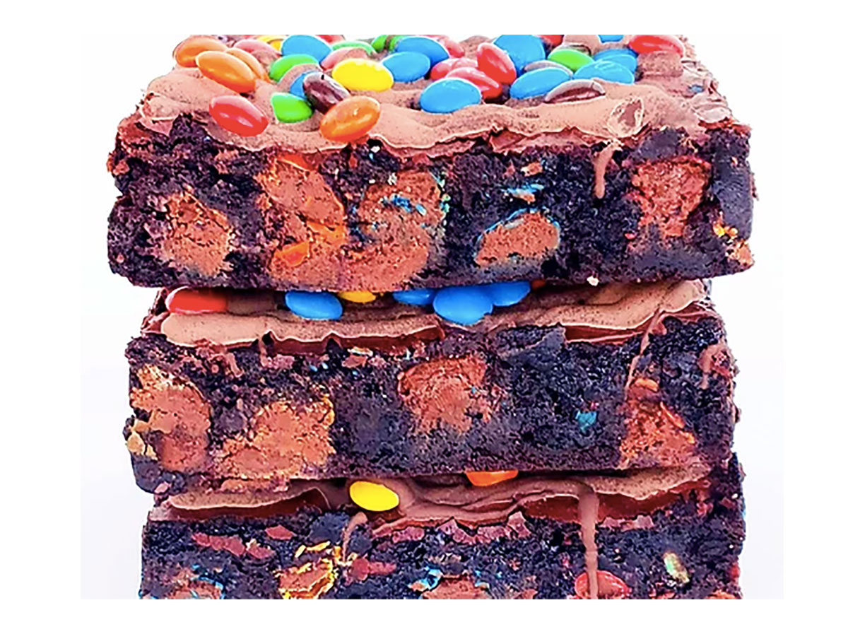 m&m brownies in a stack