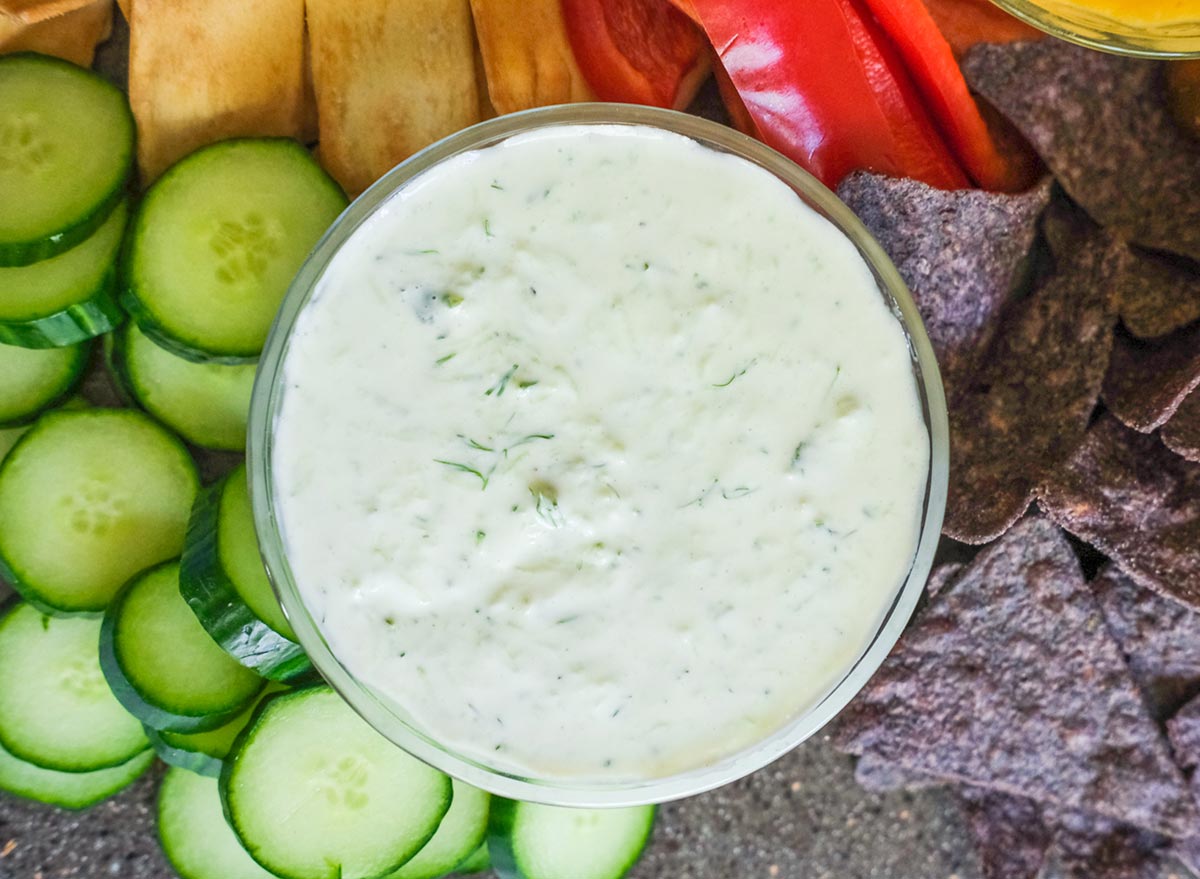 tzatziki dip with veggies and chips