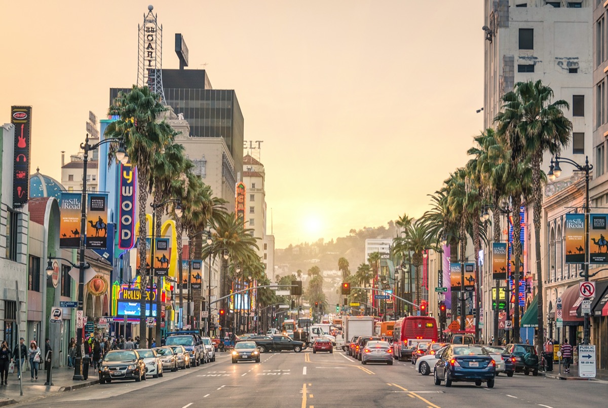View of Hollywood Boulevard at sunset.