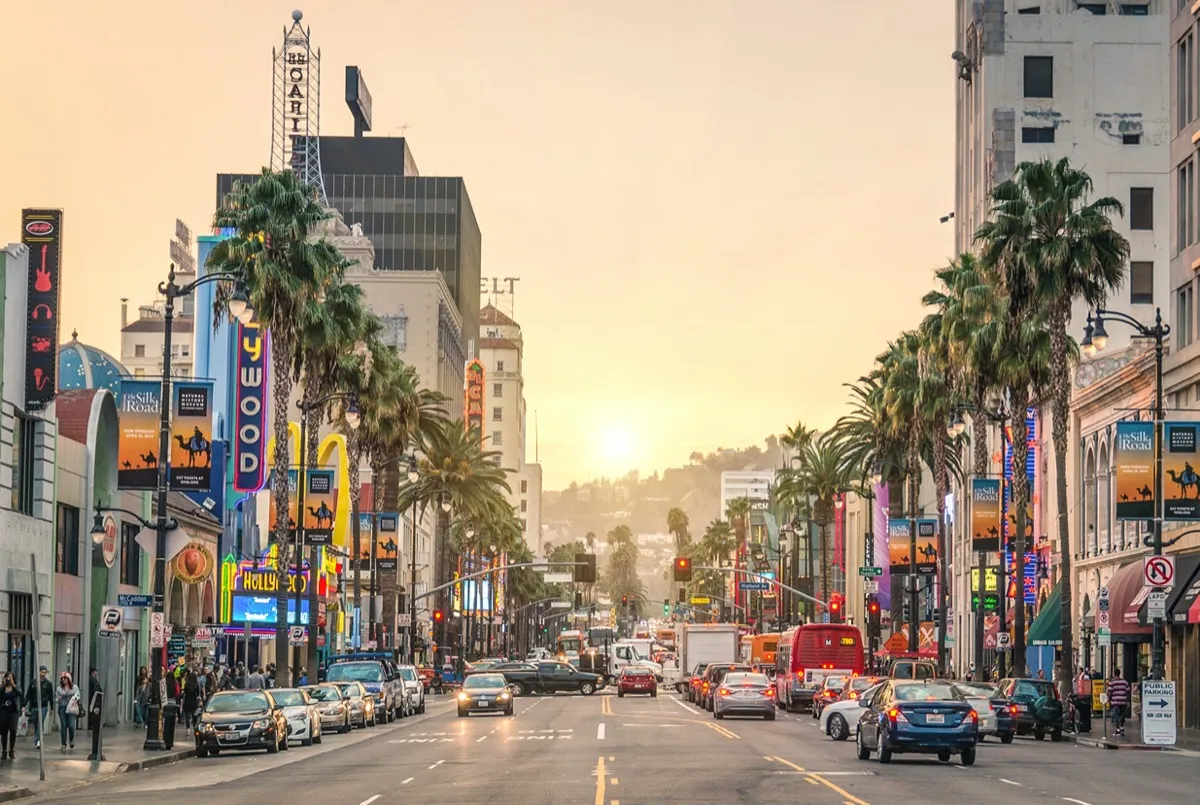 View of Hollywood Boulevard at sunset.