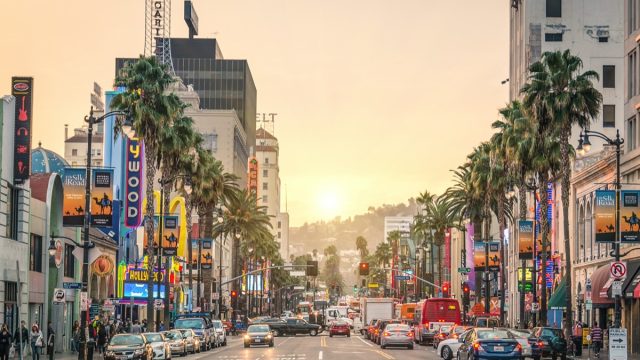 View of Hollywood Boulevard at sunset.