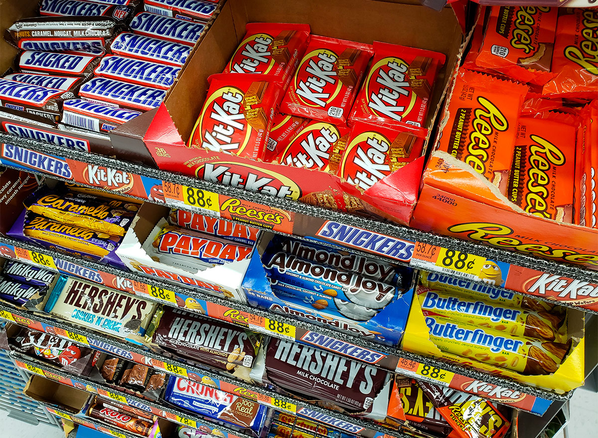 candy bars in grocery store checkout aisle