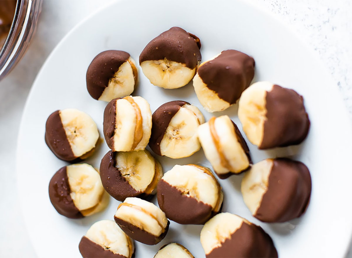 chocolate peanut butter banana bites on plate