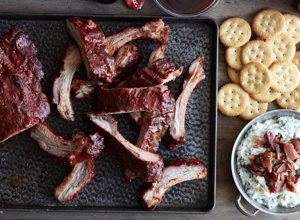 ribs made with coca-cola marinade with ritz crackers and potato salad