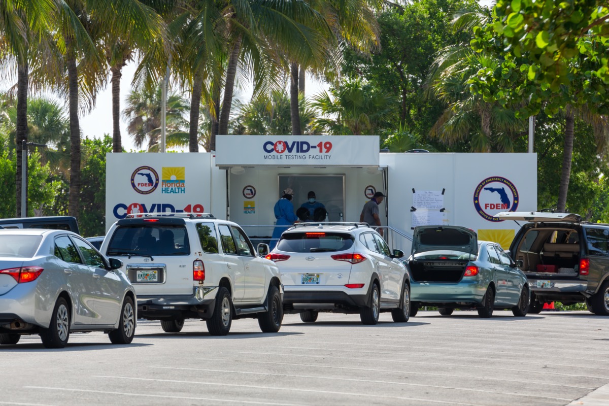 Florida Health and FDEM COVID-19 Mobile Testing Facility. Walk-up coronavirus testing site at Miami Beach, Florida