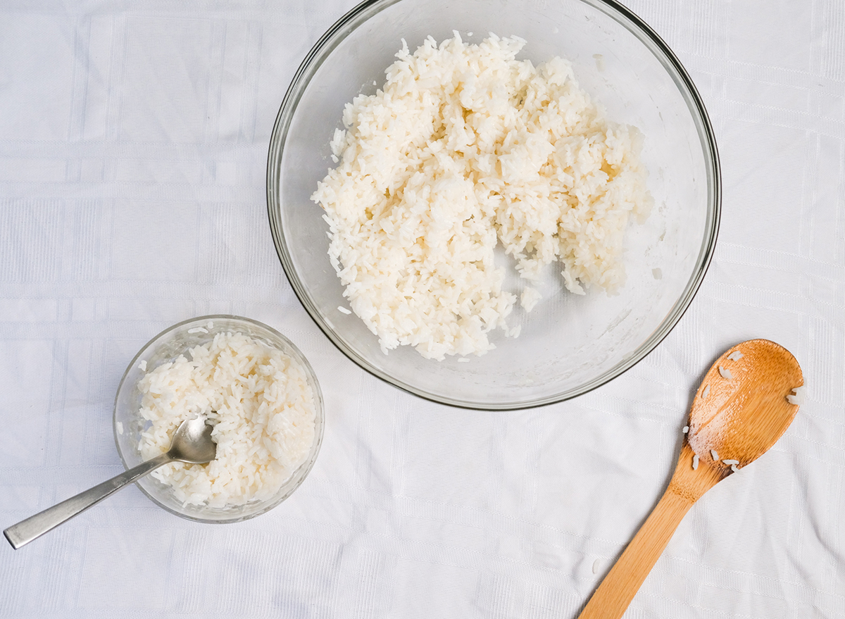 cooked rice from a microwave bowl