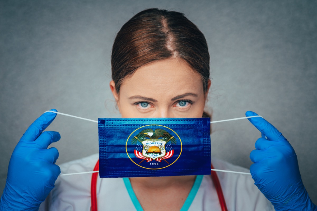 Female Doctor Portrait, protect Face surgical medical mask with Utah Flag