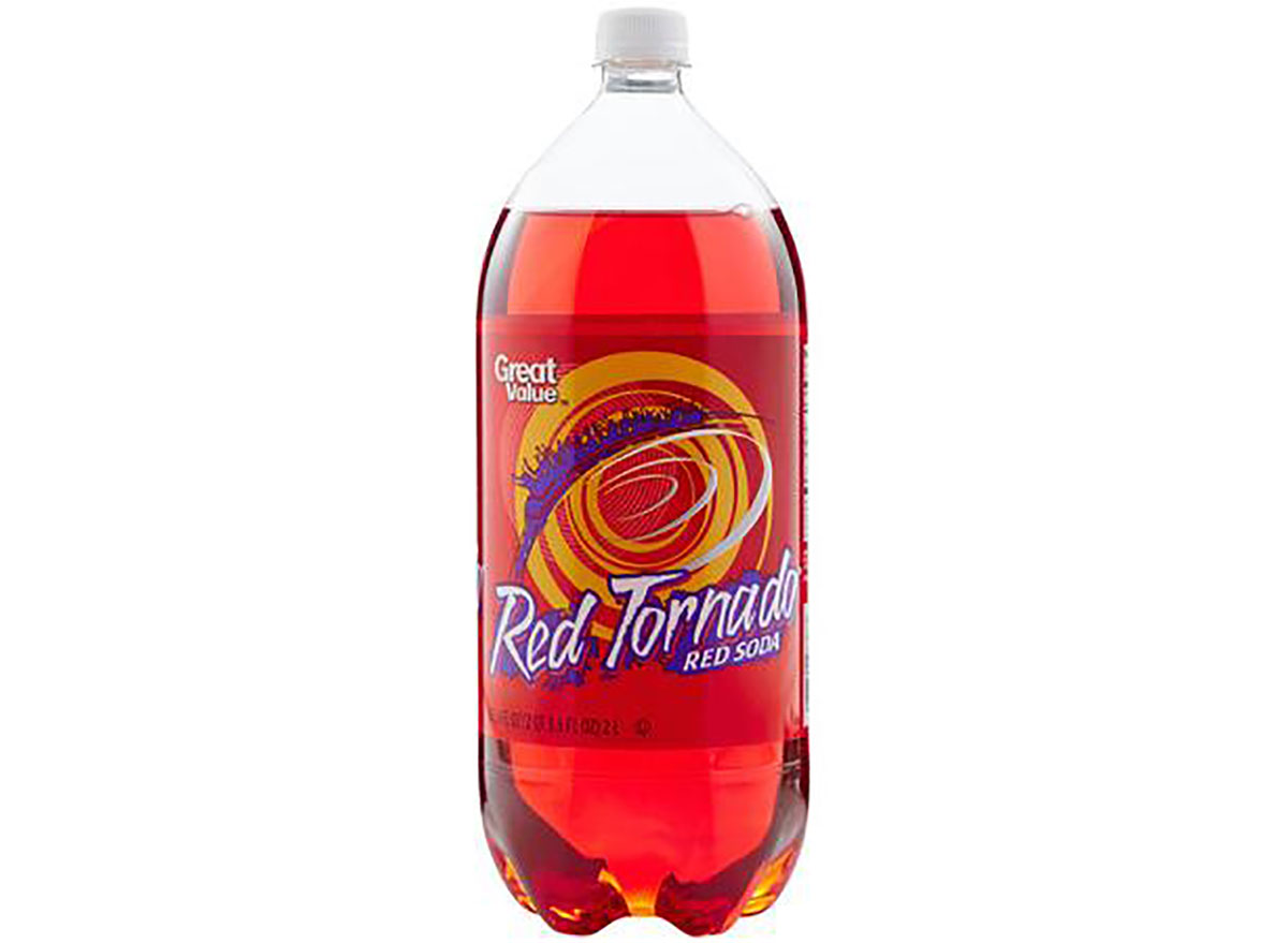 two liter bottle of great value red tornado soda