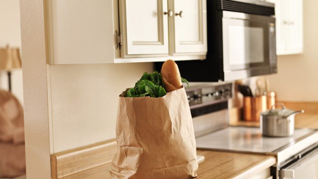 grocery bag on kitchen counter