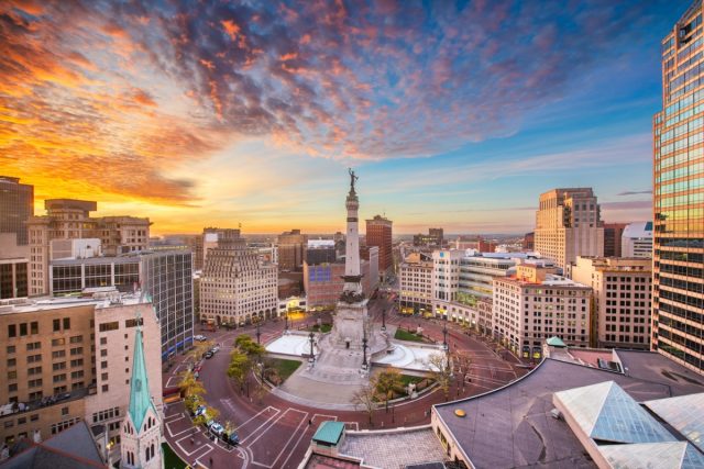 Indianapolis, Indiana, USA skyline over Soliders' and Sailors' Monument at dusk.