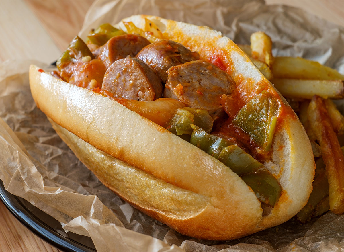 italian sausage onions peppers on sandwich roll