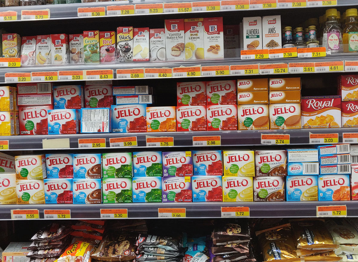 baking aisle of store with boxes of jello