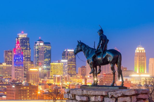 Kansas City skyline with The Scout monument.