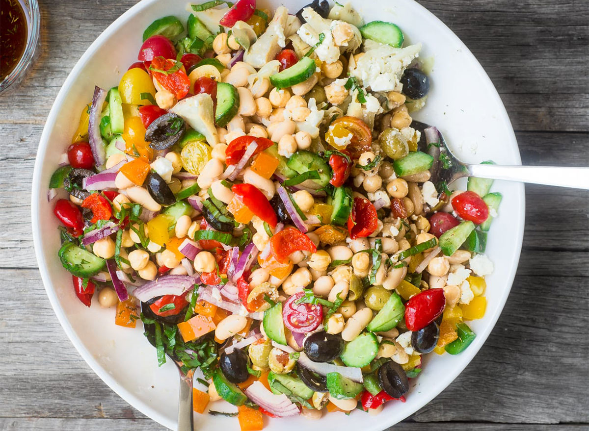 mediterranean bean salad with tomatoes cucumber olives feta