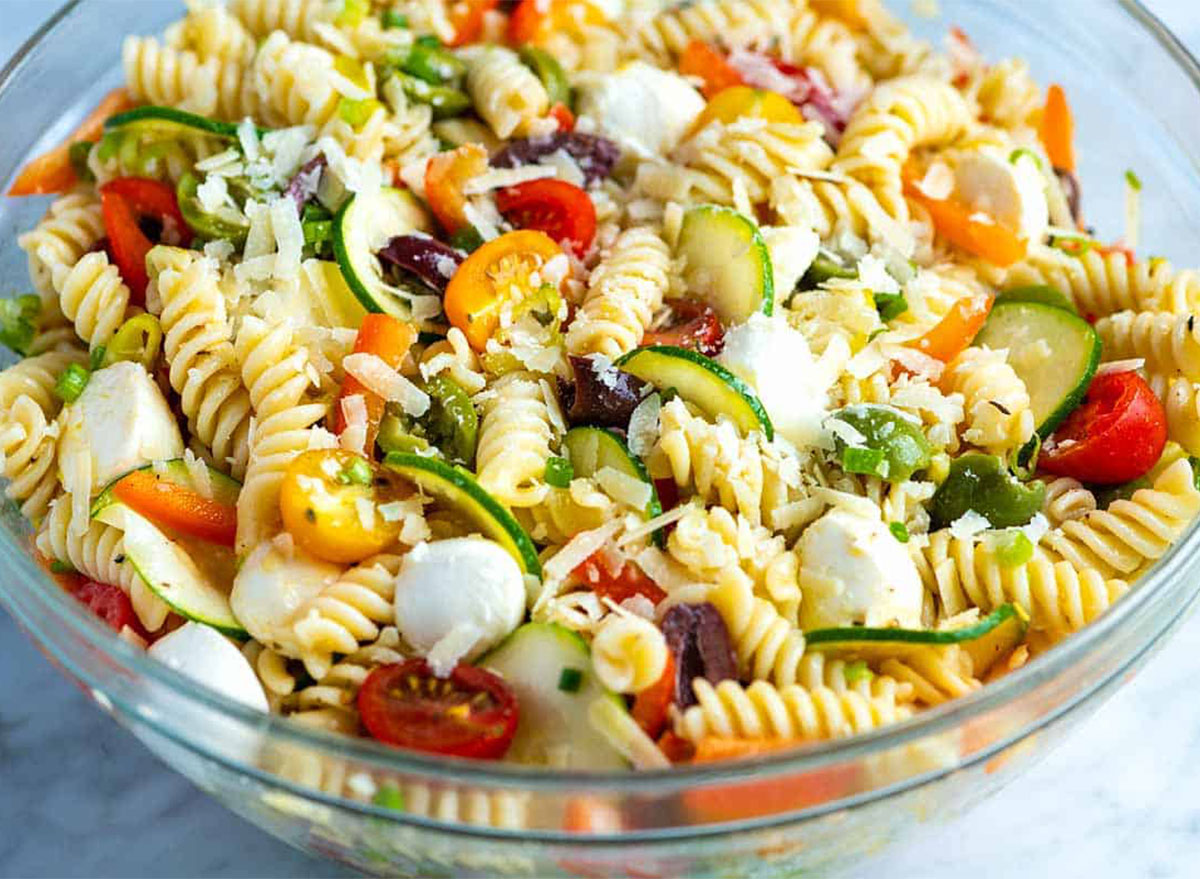 pasta salad in glass bowl