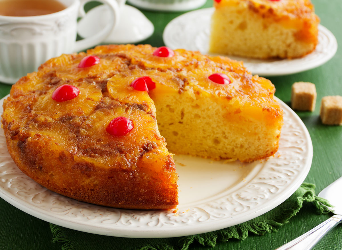 pineapple upside down cake with slice