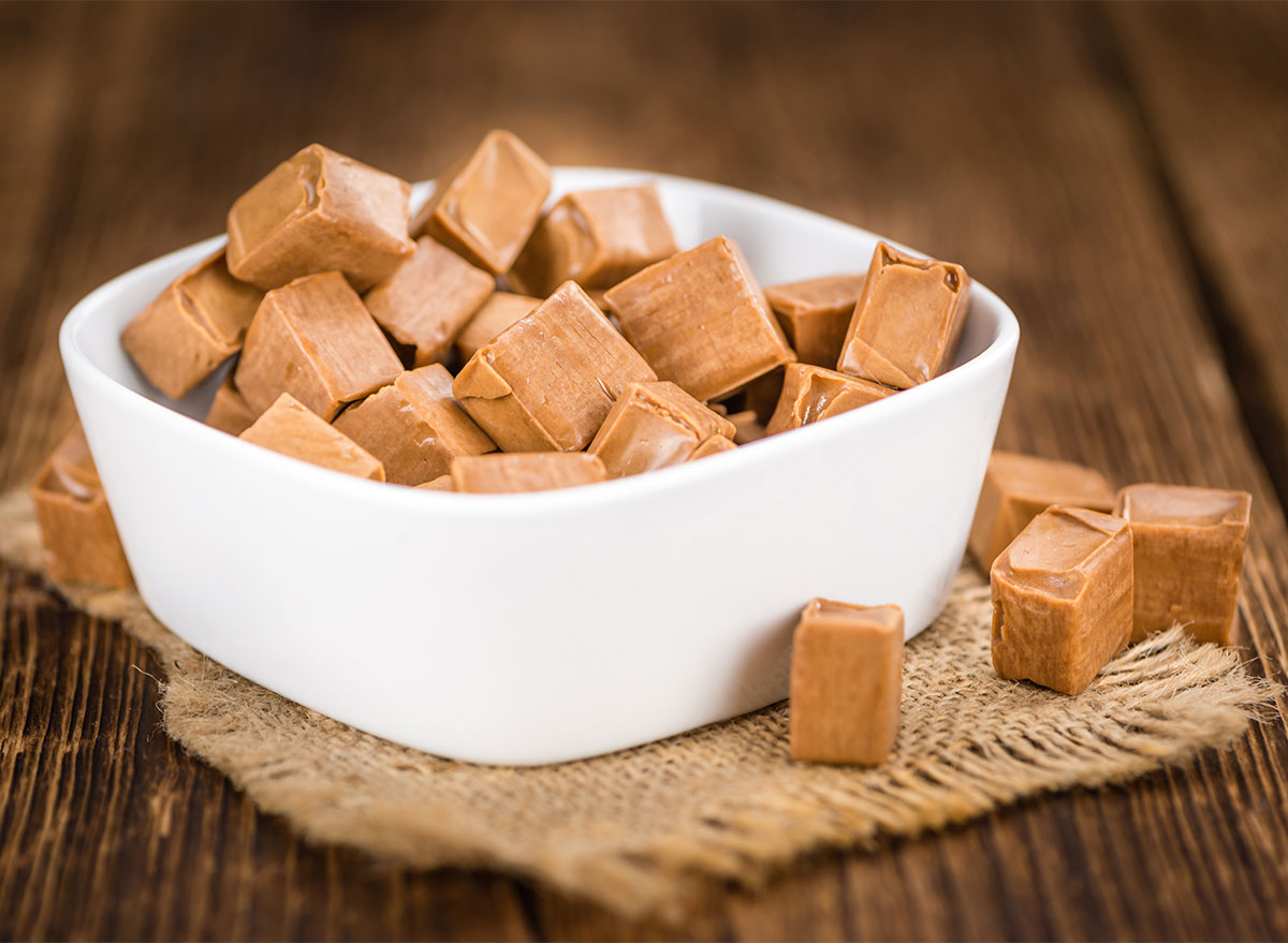 bowl of soft caramel candy squares