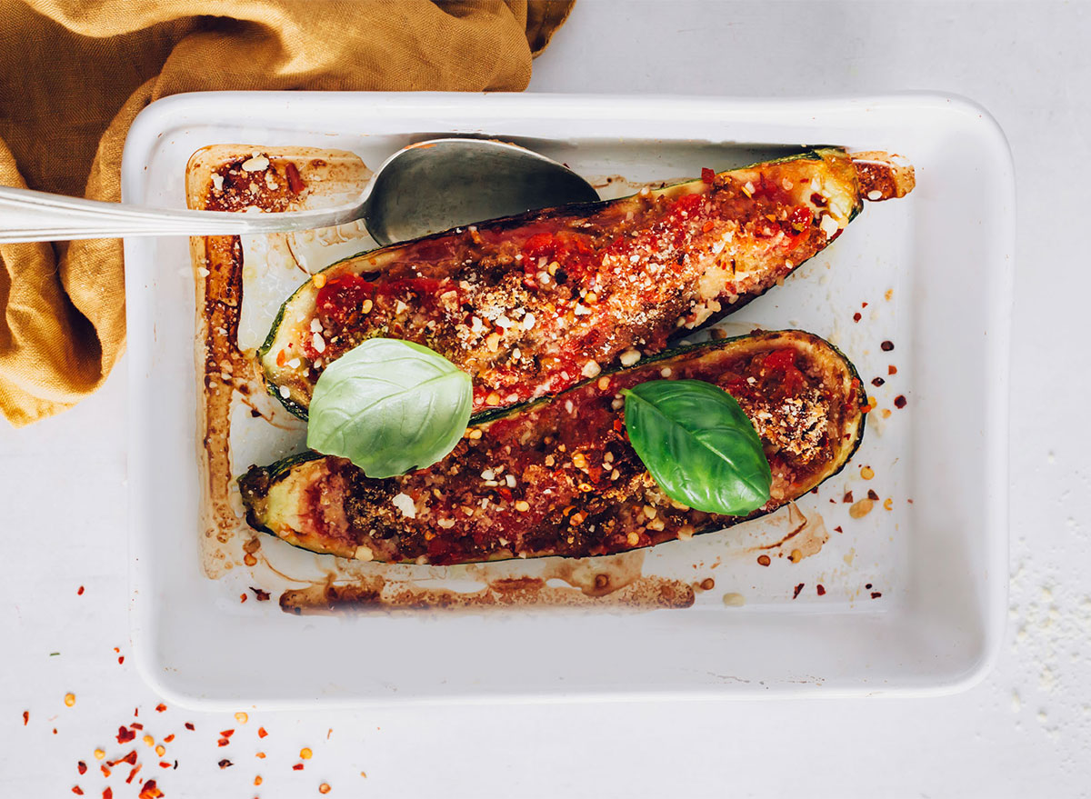 zucchini boats in baking dish