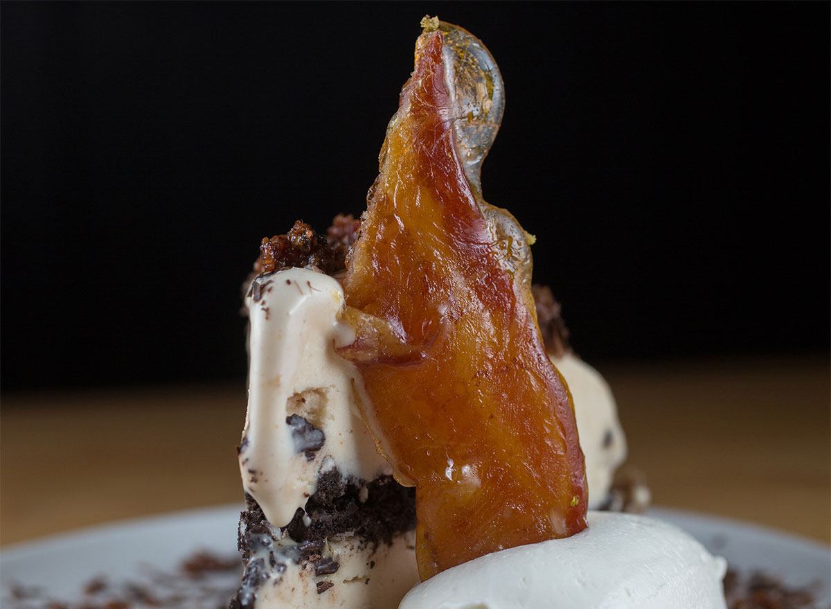 ice cream pie topped with bacon slice