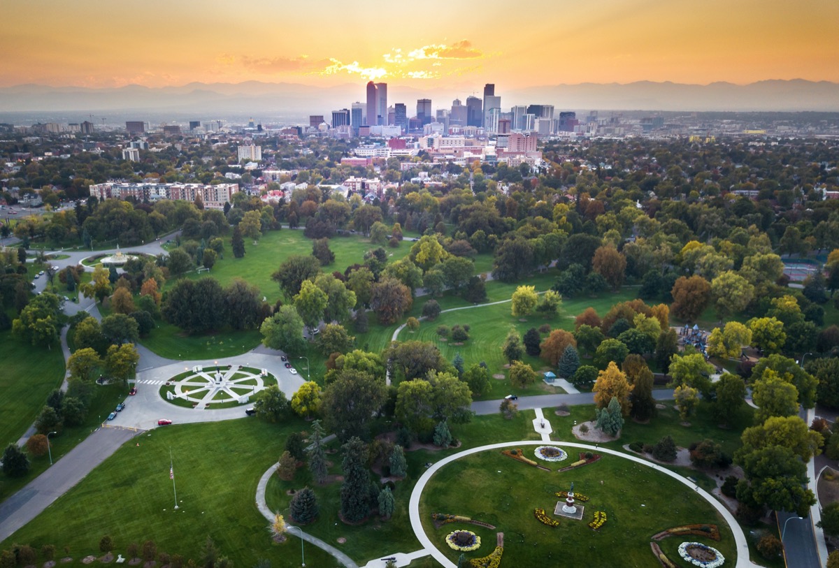 Sunset over Denver cityscape, aerial view from the city park