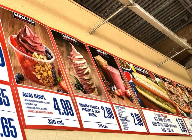 costco menu signs with acai bowl and frozen yogurt