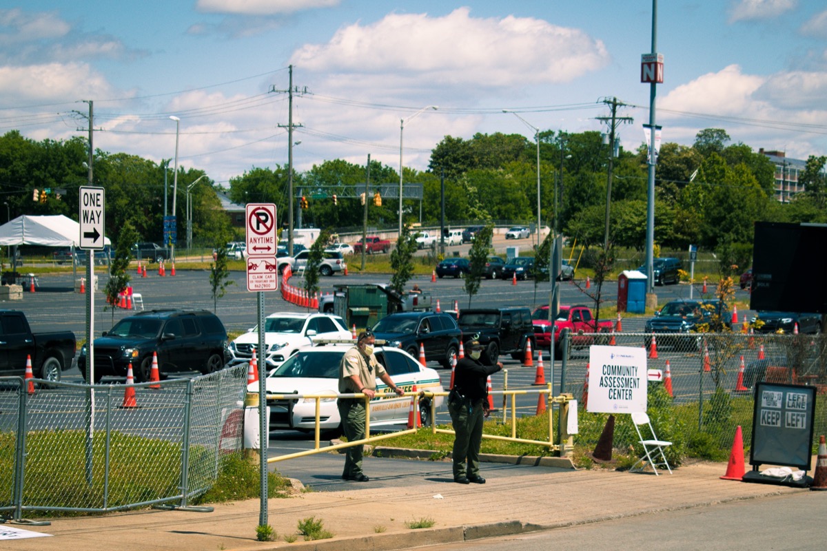 Vehicles lined up to get tested for covid-19 at the Community Assessment Center.