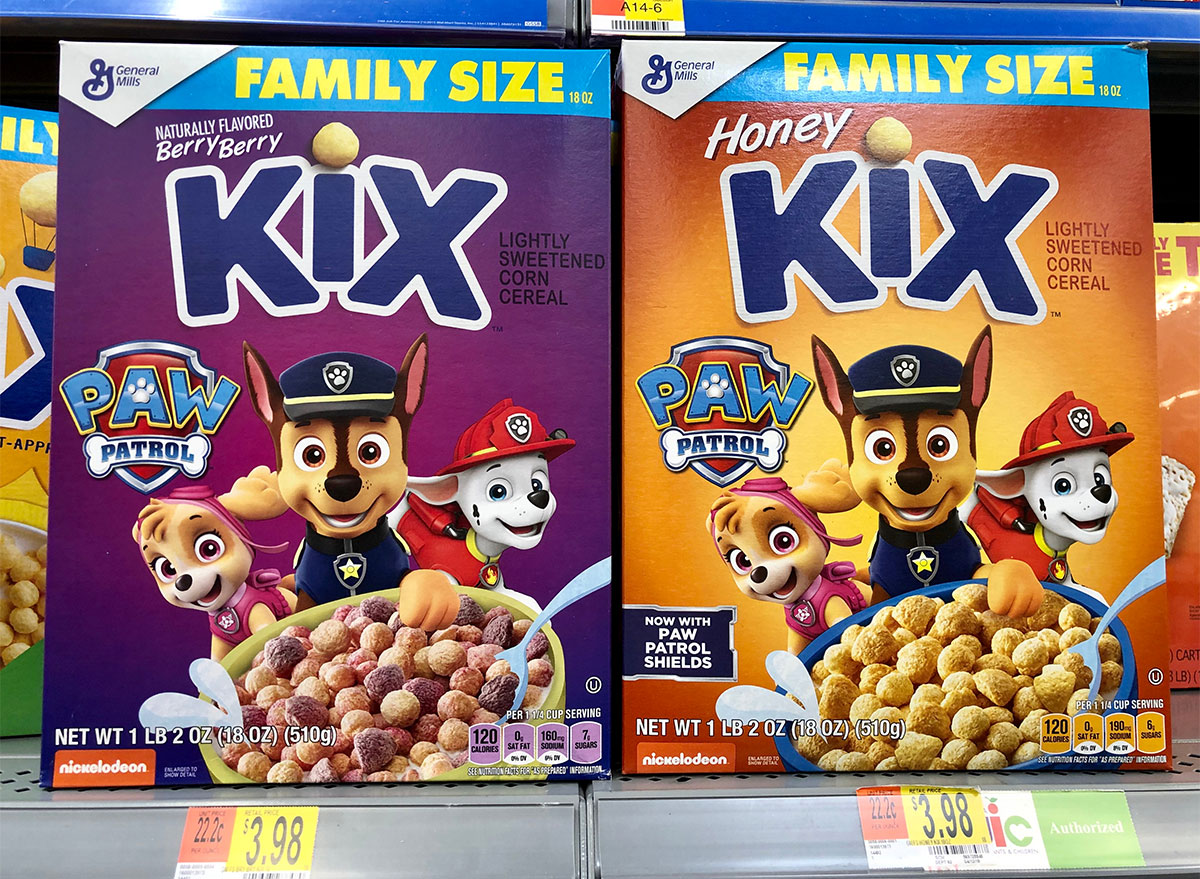 boxes of paw patrol kix cereal on store shelves