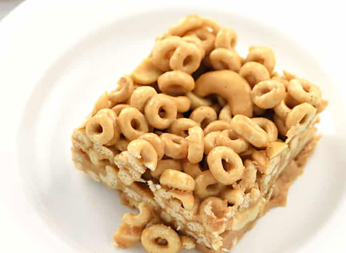 peanut butter cheerio bar on white plate