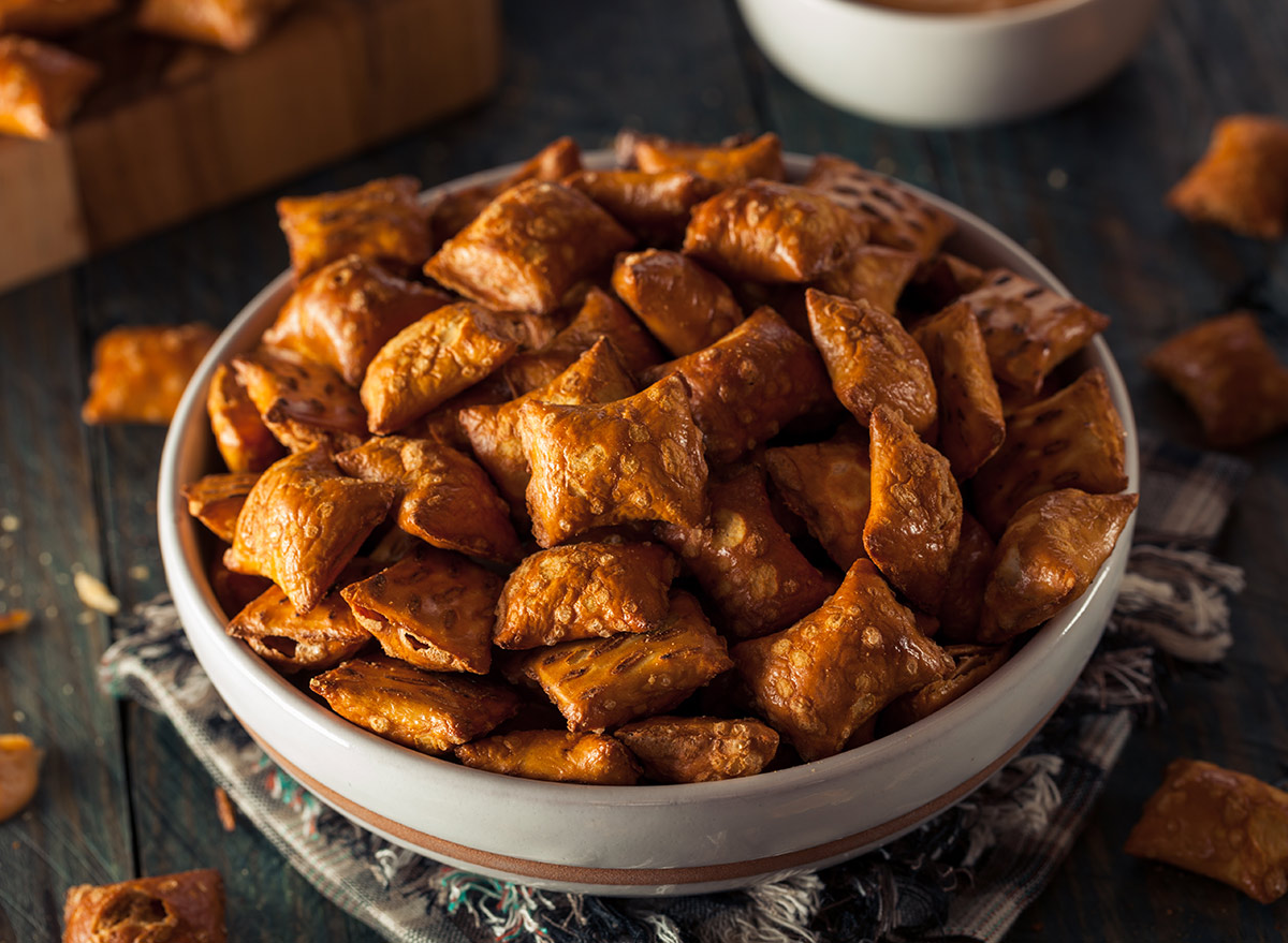 peanut butter pretzel bite snack in a bowl