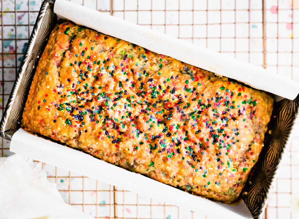 loaf of ice cream bread with rainbow sprinkles