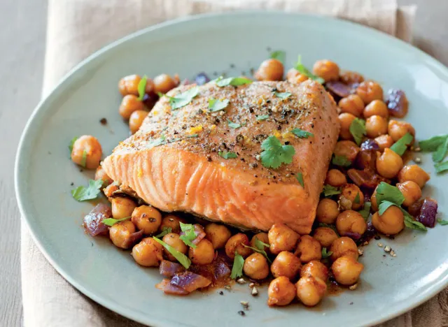 fried salmon with chickpeas