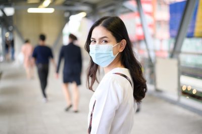 A young woman is wearing face mask on the street