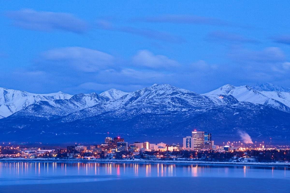 Anchorage Alaska skyline in winter at dusk with the Chugach mountains behind.