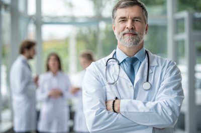 Confident smiling doctor posing in the hospital with medical team working on the background