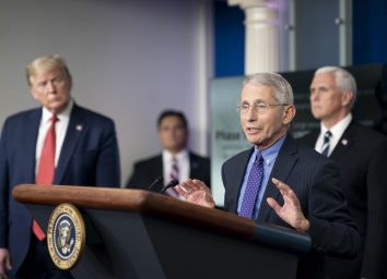 President Donald J. Trump, joined by Vice President Mike Pence, listen as Director of the National Institute of Allergy and Infectious Diseases Dr. Anthony S. Fauci delivers remarks during a coronavirus update briefing.