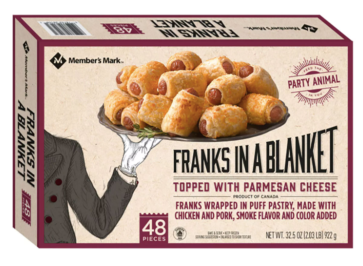 box of members mark frozen franks in a blanket